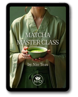 A tablet device displaying a matcha tea master class cover image. The cover shows a woman in a sage green kimono holding a bowl of green matcha tea.