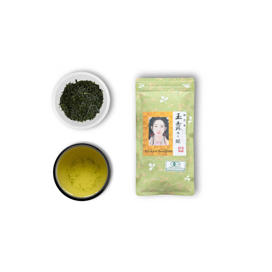 Gyokuro Kagoshima Sasa Hime: Balení produktu, Gyokuro listy a uvařené Gyokuro čaj v šálku
