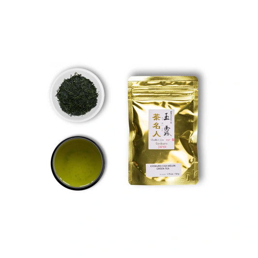 Gyokuro Saemidori Cha Meijin: Balení produktu, Gyokuro listy a uvařené Gyokuro čaj v šálku