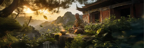 A conceptual cover illustration representing Bodhidharma and the Indian legend regarding the discovery of tea.