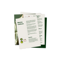 A set of printed booklet pages fanned out over a dark green background, featuring text about matcha cultivars and a small product photo. No person, animal, or real environment is present, so this is Product/Packaging rather than Lifestyle.
