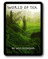 A tablet device displaying a book or ebook cover titled "WORLD OF TEA" by Will Klingner, with a lush green tea plantation landscape on the screen.