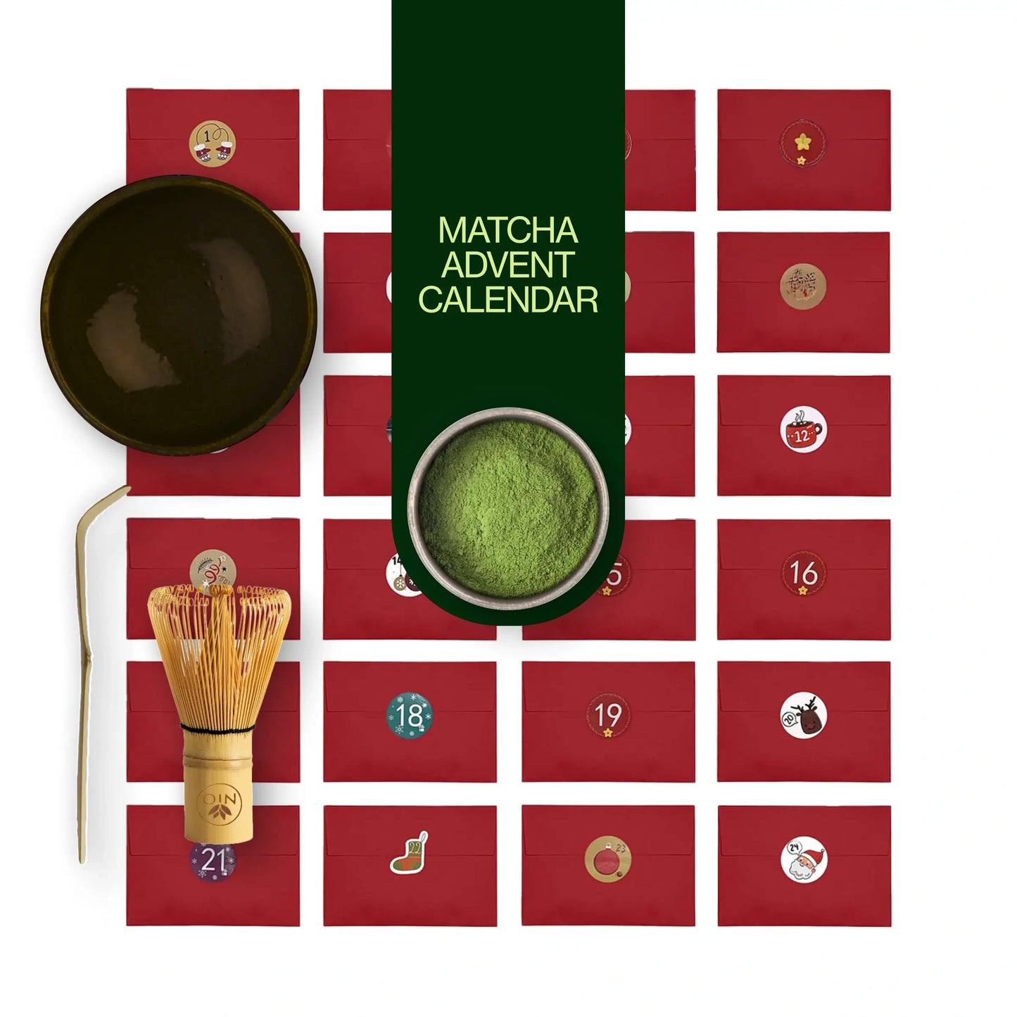 Matcha adventní kalendář 2025 s metličkou, miskou Chawan a lžičkou Chashaku
