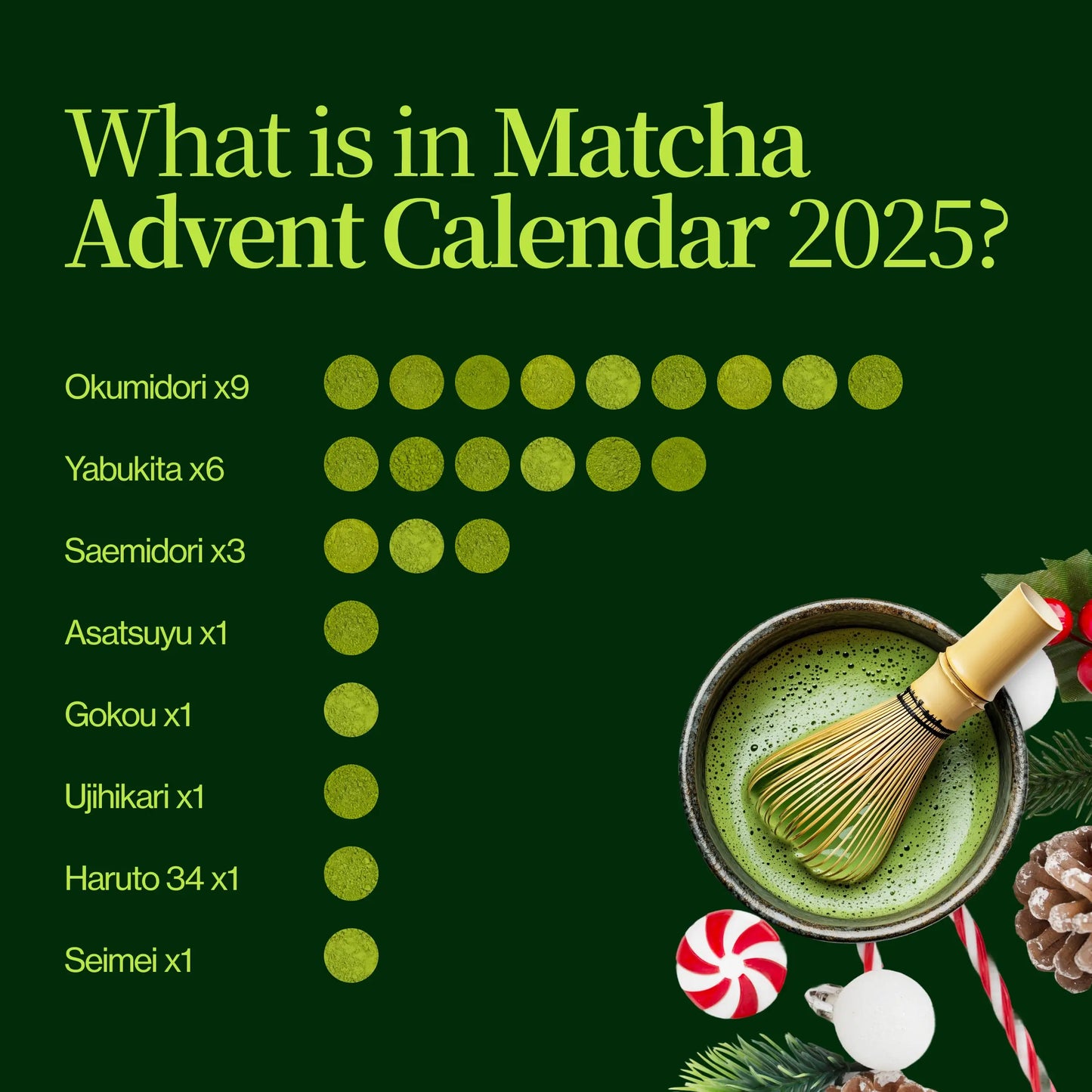Matcha adventní kalendář 2025 s metličkou, miskou Chawan a lžičkou Chashaku